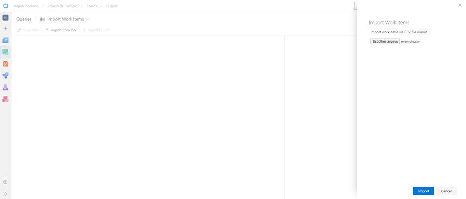 Tela de importação de work items